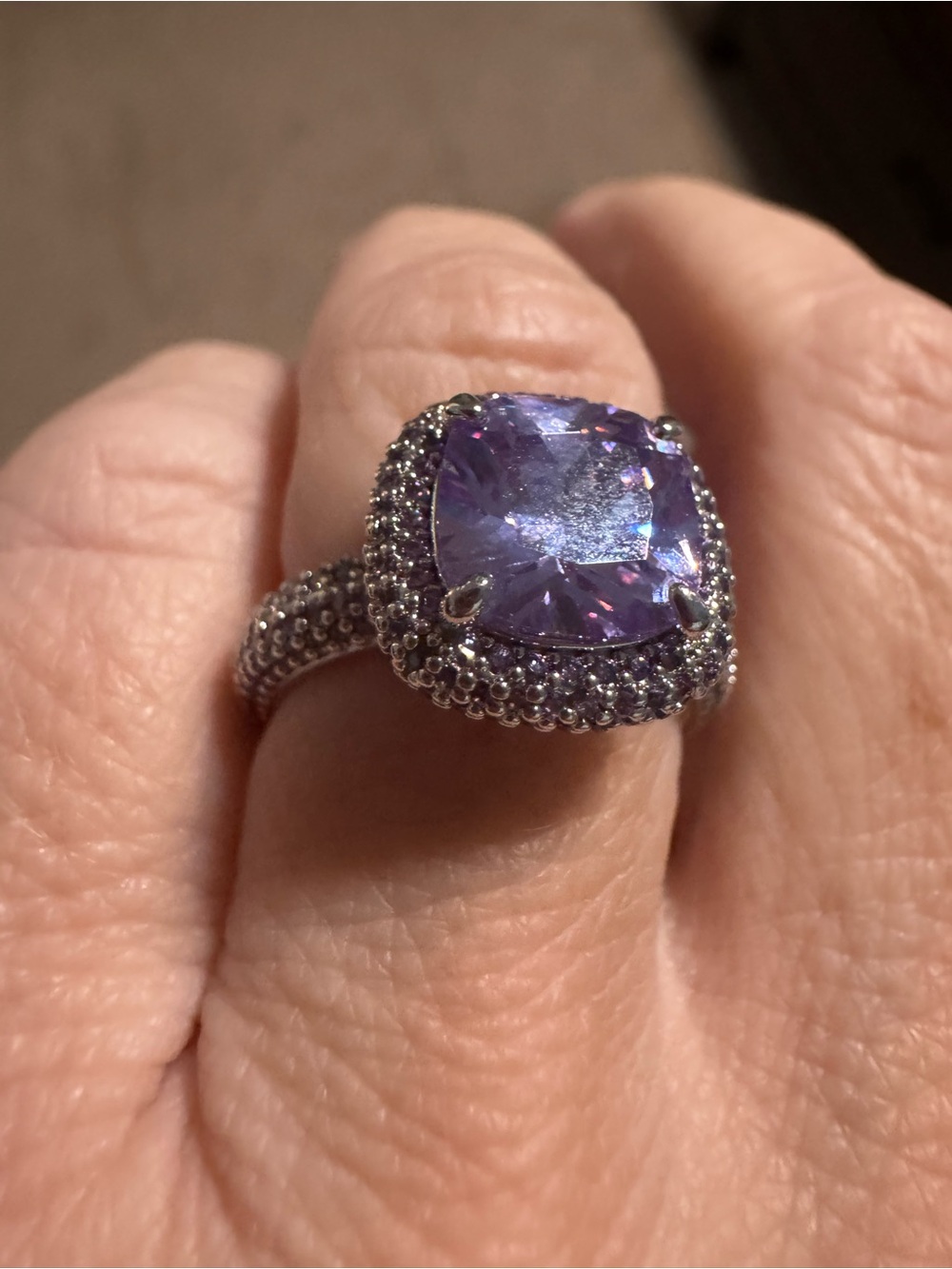 Bomb Party Amethyst Cushion Halo Cocktail Ring - Purple Sterling Look
